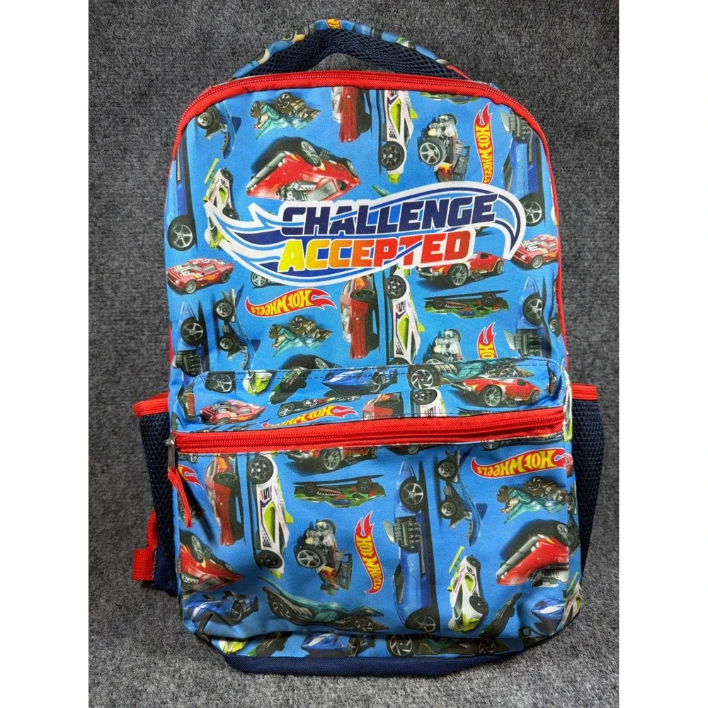 Hot Wheels Challenge Accepted Kids Blue Backpack Car Print School Bag Red Trim